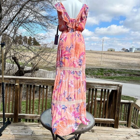 Hale Bob Orange Gianna Lace Insert Maxi Dress New Size Small - Picture 5 of 13